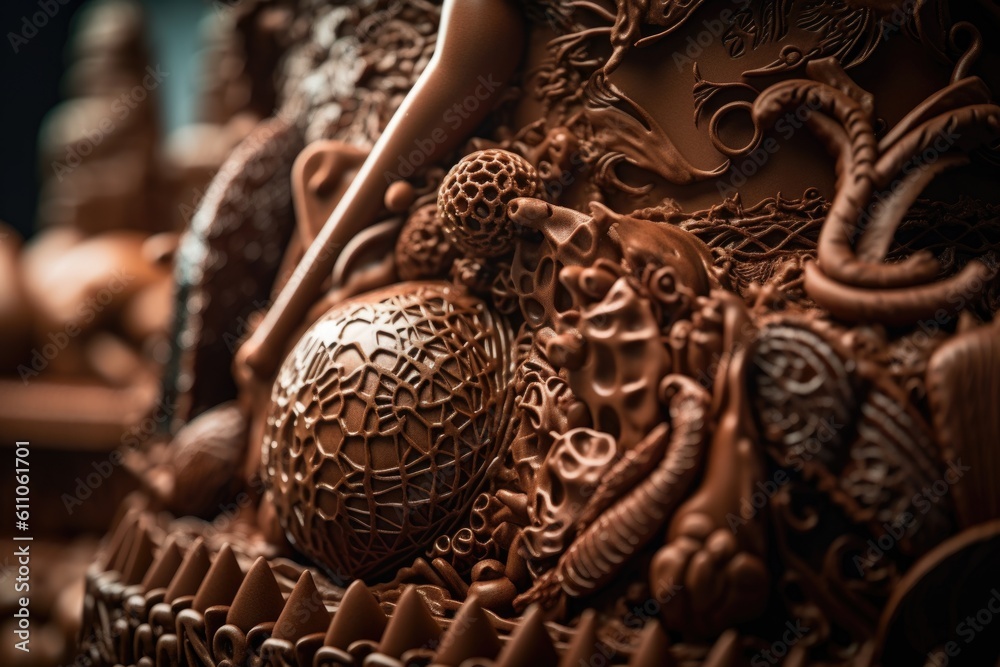 Sticker close-up of intricate chocolate sculpture, with visible details and textures, created with generative ai