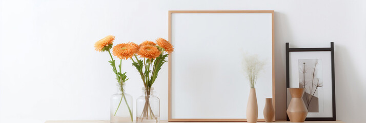 Wooden table with a white background and a wooden picture frame next to a flower vase, banner, generative AI