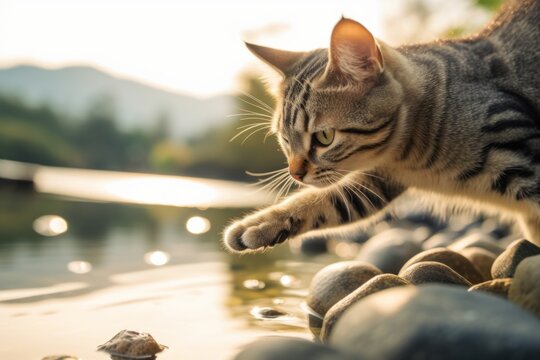 Lifestyle portrait photography of a cute american shorthair cat paw-licking against a peaceful riverside. With generative AI technology