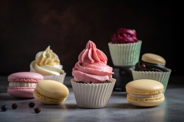 dreamy, creamy and refined flavors of classic french macaron in cupcake form, created with generative ai