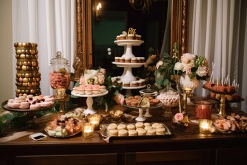 Fototapeta na wymiar stylish and decadent dessert table with classic and gourmet cupcakes, mini pies, macarons, and pastries, created with generative ai