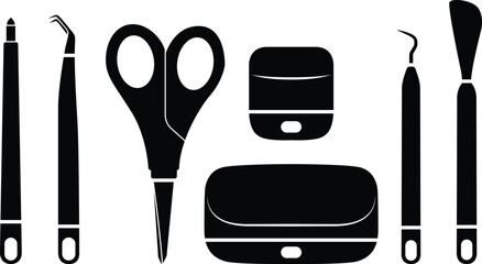 Cricut tools icons. Weeding tool, scraper tool, Cricut tweezers, scoring tool, scissors, large and small cricut scraper. - obrazy, fototapety, plakaty