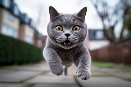 Medium shot portrait photography of a happy british shorthair cat leaping against a lively street. With generative AI technology