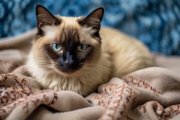 Full-length portrait photography of a cute balinese cat climbing against a cozy blanket. With generative AI technology