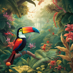 Fototapeta premium Generative AI illustration of tropical area and bright toucan 
