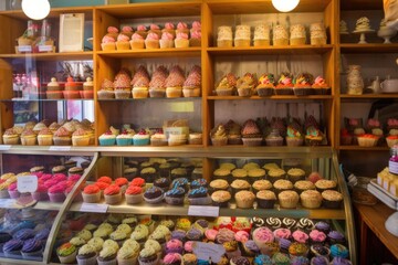 baked goods store, with shelves of colorful and creative cupcakes for customers to choose from, created with generative ai