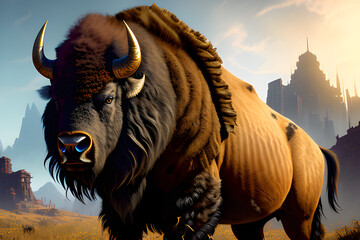 Huge formidable bison. Western Bison. generative AI