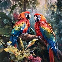 Obraz premium Generative AI illustration of two big parrots in tropical area 