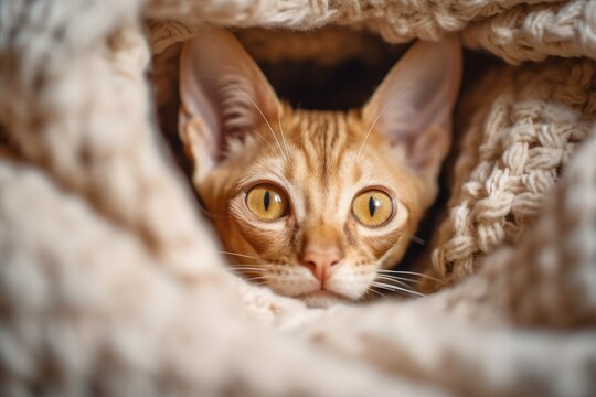 Environmental portrait photography of a tired devon rex cat growling against a cozy blanket. With generative AI technology