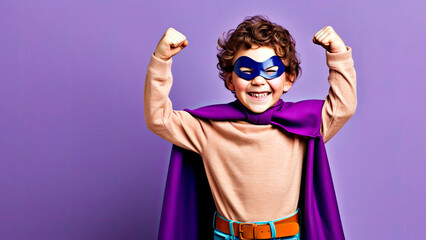 young boy in a superhero costume, striking a triumphant pose with a wide grin, Generative AI - Powered by Adobe