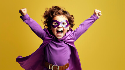 Fototapeta premium young boy in a superhero costume, striking a triumphant pose with a wide grin, Generative AI