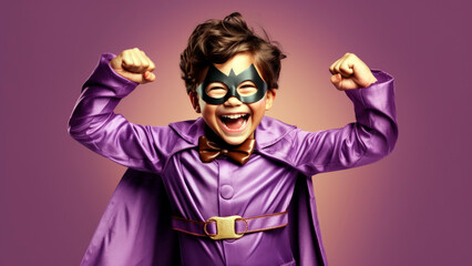 young boy in a superhero costume, striking a triumphant pose with a wide grin, Generative AI - obrazy, fototapety, plakaty