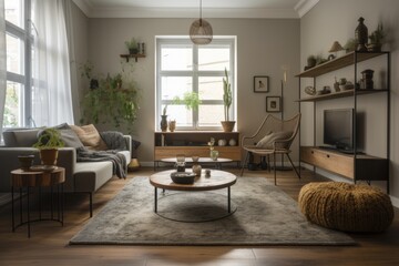 clutter-free living room, with cozy furniture and decorations, created with generative ai