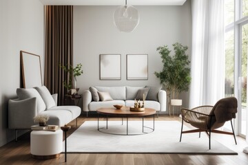 trendy and minimalist living room with accent furniture, lighting, and furnishings, created with generative ai
