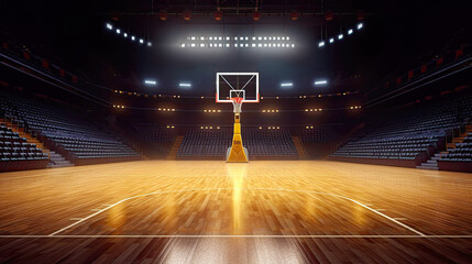 Fototapeta Inside of modern basketball arena with wooden court. Postproducted generative AI illustration. obraz