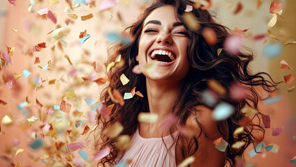 woman playfully throwing an array of bright confetti into the air, her laughter captured mid-moment, summer vibe, Generative AI