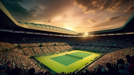 Modern tennis stadium with green court. Postproducted generative AI illustration.