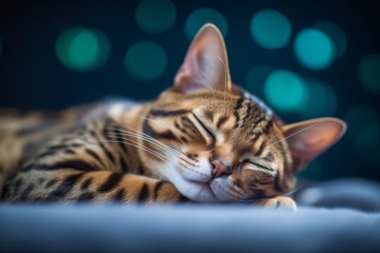 Environmental portrait photography of a funny bengal cat sleeping against a sophisticated studio backdrop. With generative AI technology