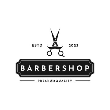 Vintage retro baber shop logo with mustache and scissors symbol logo design