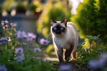 Naklejka na ściany i meble Full-length portrait photography of a cute siamese cat tail wagging against a lush flowerbed. With generative AI technology