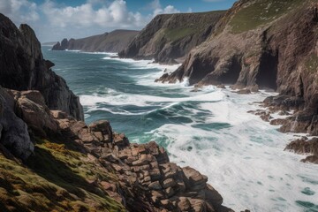 Fototapeta premium majestic coast, with towering cliffs and crashing waves against the shore, created with generative ai