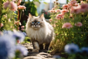 Naklejka na ściany i meble Environmental portrait photography of a smiling ragdoll cat tail wagging against a lush flowerbed. With generative AI technology
