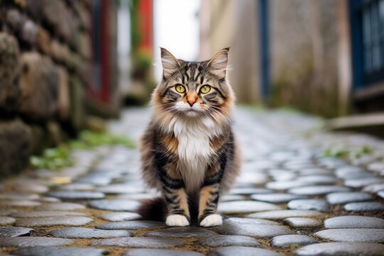 Full-length portrait photography of a cute norwegian forest cat exploring against a quaint cobblestone path. With generative AI technology