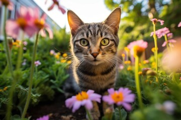 Group portrait photography of a cute tabby cat begging for food against a lush flowerbed. With generative AI technology