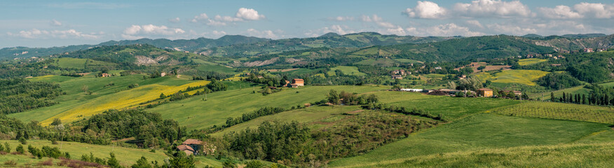 Panoramic view of the hilly agricultural landscape of the province of Bologna - obrazy, fototapety, plakaty