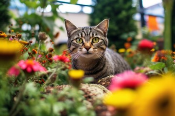Naklejka na ściany i meble Group portrait photography of a cute tabby cat begging for food against a lush flowerbed. With generative AI technology