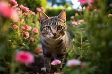 Naklejka na ściany i meble Group portrait photography of a cute tabby cat begging for food against a lush flowerbed. With generative AI technology