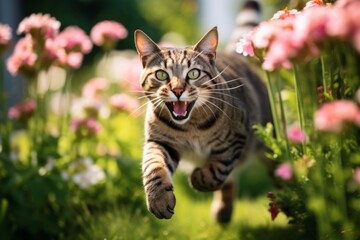Naklejka na ściany i meble Full-length portrait photography of a happy savannah cat leaping against a lush flowerbed. With generative AI technology