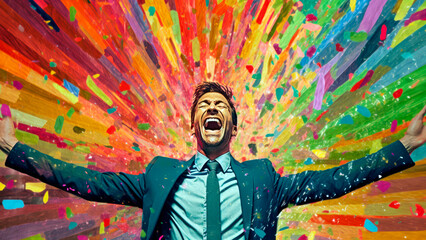 Fototapeta premium man joyfully stands in a rain of colorful paper strips, summer vibe, Generative AI