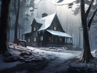 House in the winter woods, generative AI
