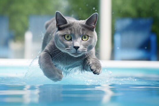 Medium shot portrait photography of a bored russian blue cat running against a refreshing swimming pool. With generative AI technology