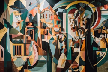 Naklejka na ściany i meble cubism-inspired mural, depicting the bustle and energy of a bustling city, created with generative ai