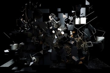 abstract, deconstructed and fragmented shapes on a black background, created with generative ai
