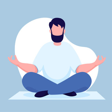 Man With Beard Meditating And Sitting On A Rug. Illustration For Yoga, Meditation, And Healthy Lifestyle. Vector Illustration In Flat Cartoon Style.