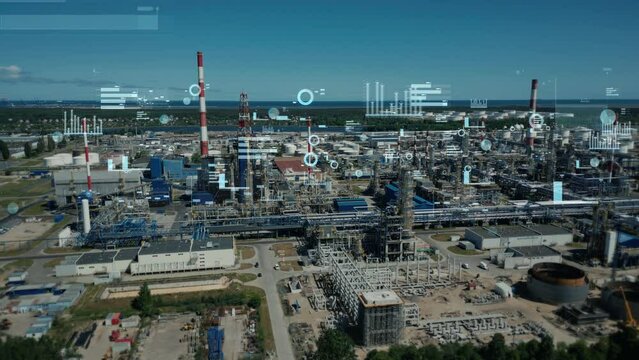 Concept of a modern oil refinery with elements of motion graphics, showing the technological industrial manufacturing. Industrial automation, business analytics. 4k footage