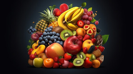 Various Fruits forming a creative brain, Eating healthy food as nutrition. Generative Ai