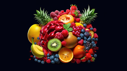 Naklejka na ściany i meble Various Fruits forming a creative brain, Eating healthy food as nutrition. Generative Ai