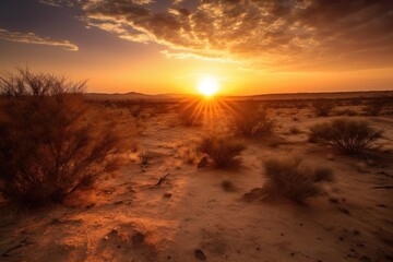 Fototapeta na wymiar desert sunset, with the sun casting golden rays over the horizon, created with generative ai