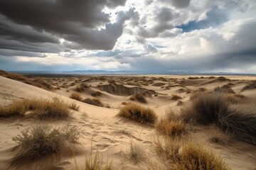 desert landscape with rolling dunes and distant storm clouds, created with generative ai