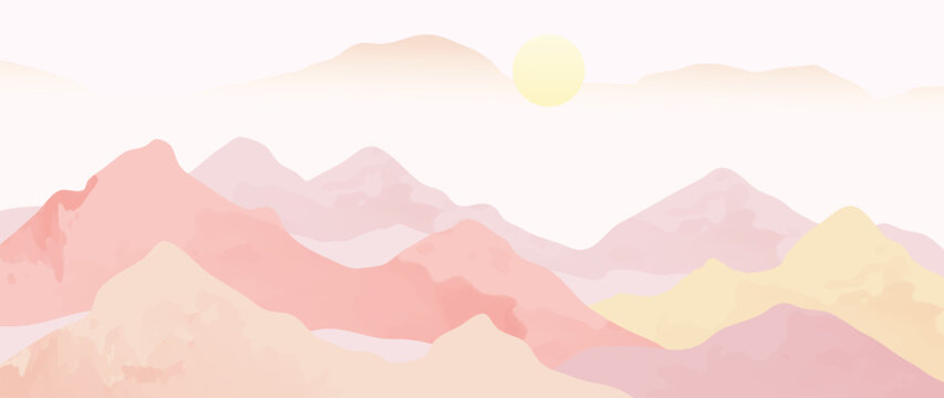 Mountain abstract vector background. Minimal landscape art with watercolor brush and texture, mountains and sun. Abstract pink wallpaper for prints, artwork, wall arts and canvas prints.