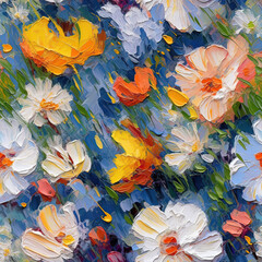 Flowers oil painting seamless repeat pattern, colorful, impressionism [Generative AI]
