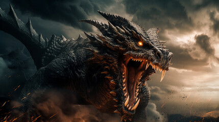 A dragon in battle with fierce eyes and bared teeth amidst a stormy sky. Generative AI technology. © Happy Prompt