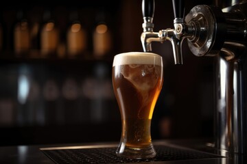 Fototapeta na wymiar draught beer tap, with the fresh and foamy brew flowing into a glass, created with generative ai