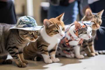 cool and casual feline fashion show with models showcasing cat-sized hats and sunglasses, created with generative ai