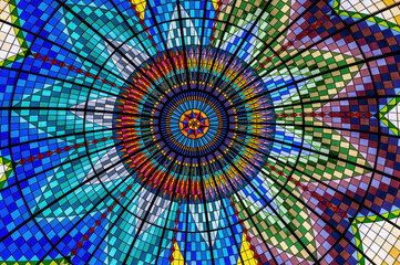 Colorful glass patterned roof in a shopping mall