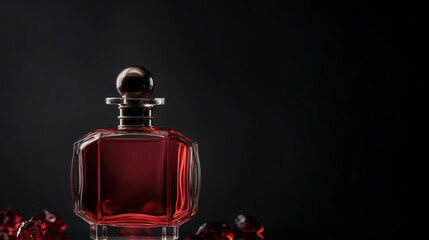 Obraz na płótnie Canvas Red perfume bottle on a dark background with copy space. AI 